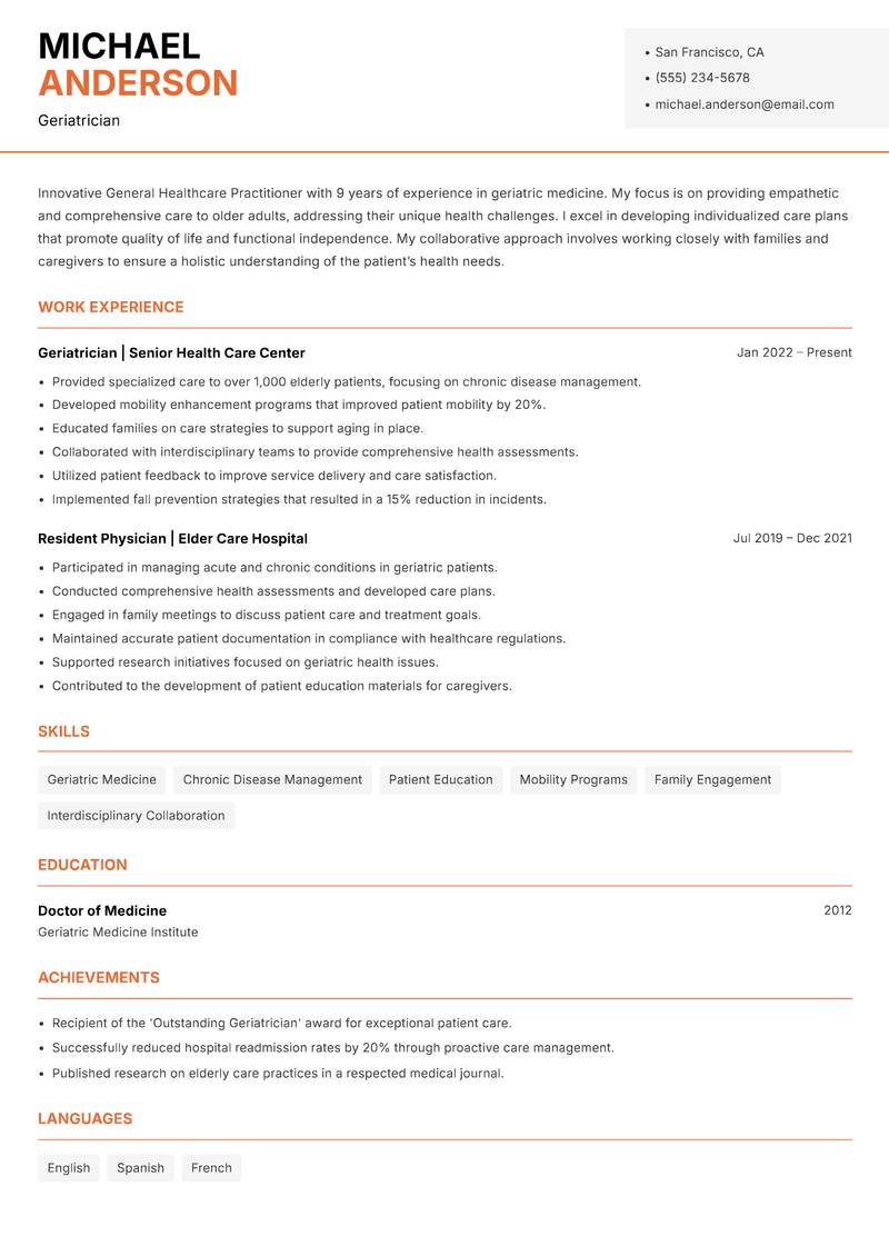 General Healthcare Practitioner resume template — Modern Professional