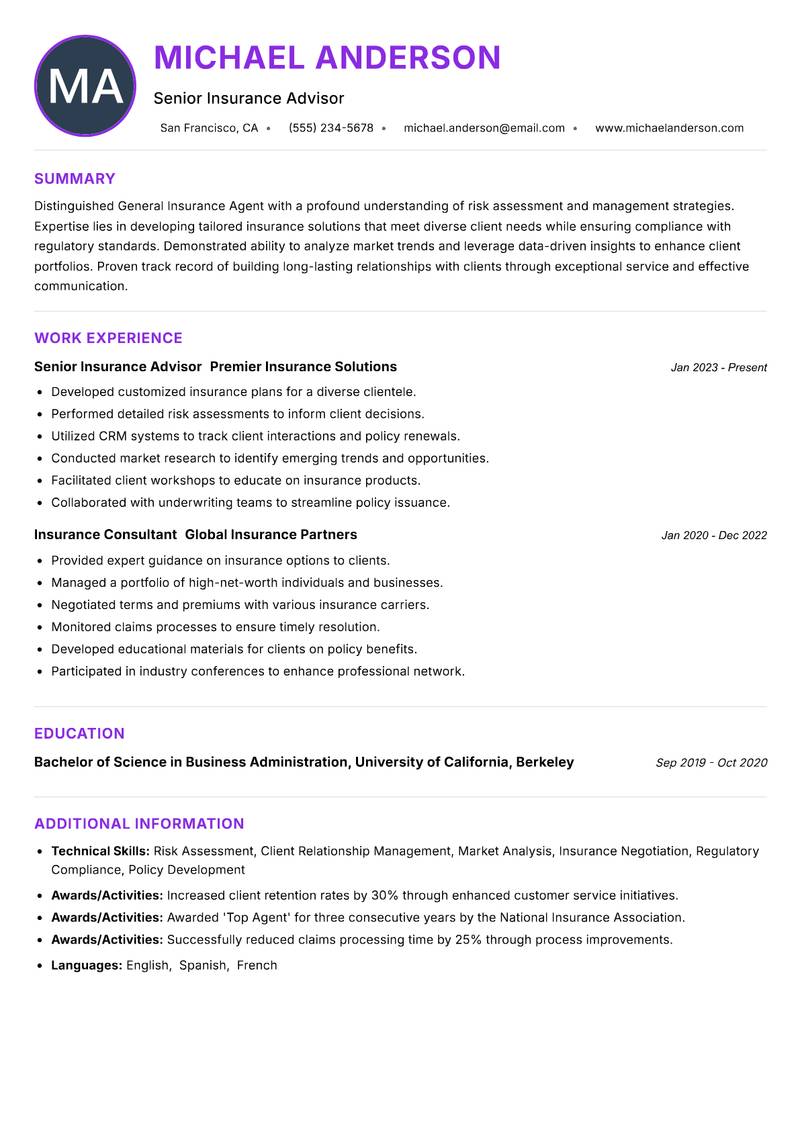 General Insurance Agent resume example — ATS-friendly template