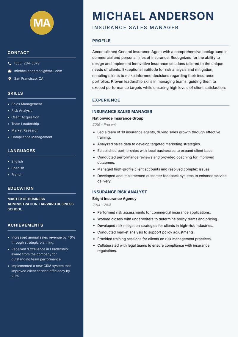 General Insurance Agent resume template — Classic Clean