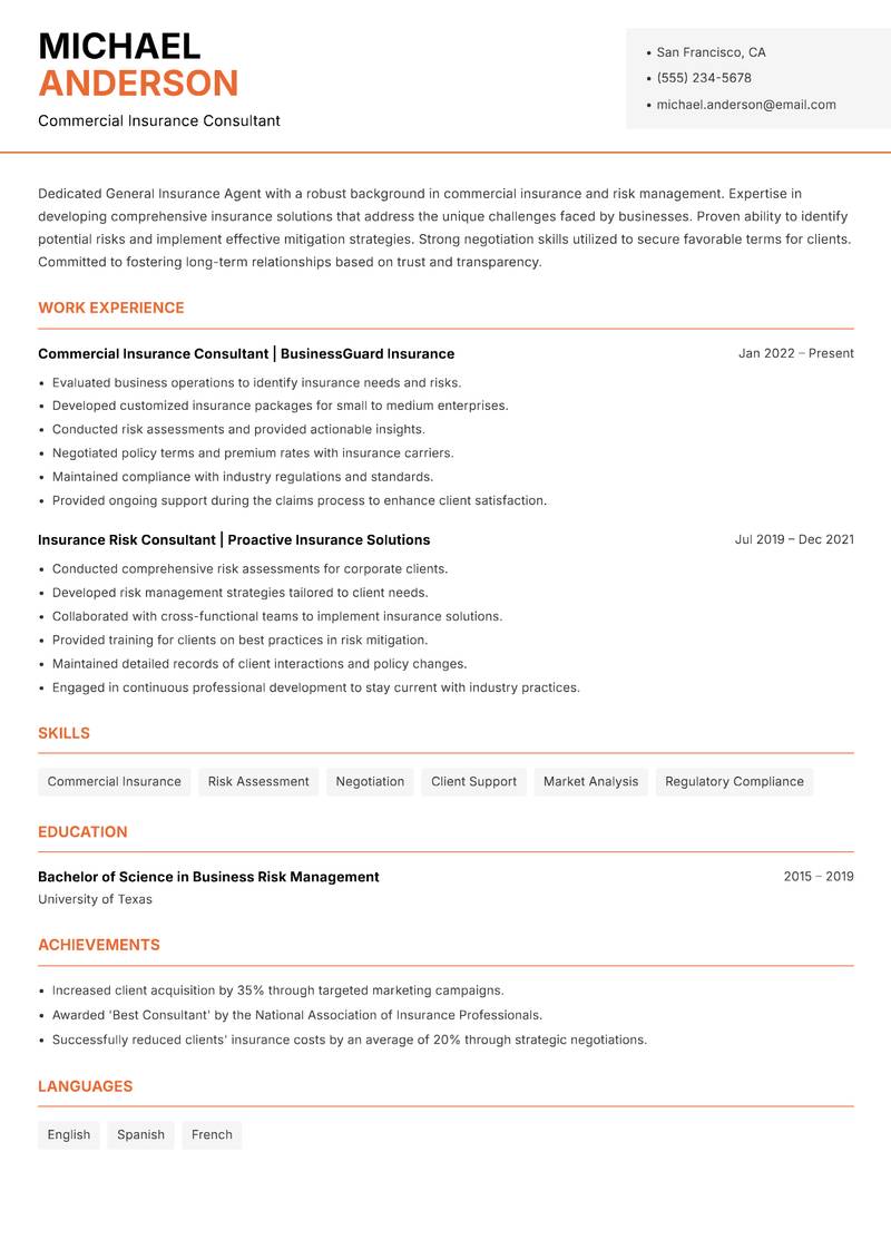 General Insurance Agent resume template — Modern Professional