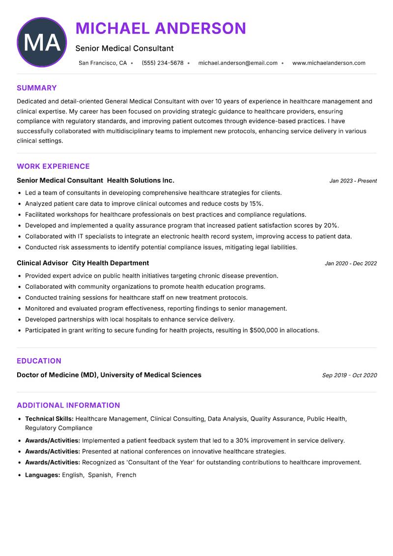General Medical Consultant resume example — ATS-friendly template