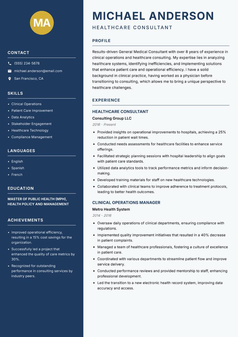 General Medical Consultant resume template — Classic Clean