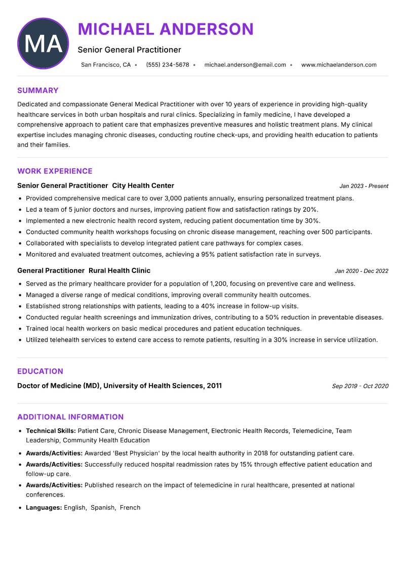General Medical Practitioner resume example — ATS-friendly template