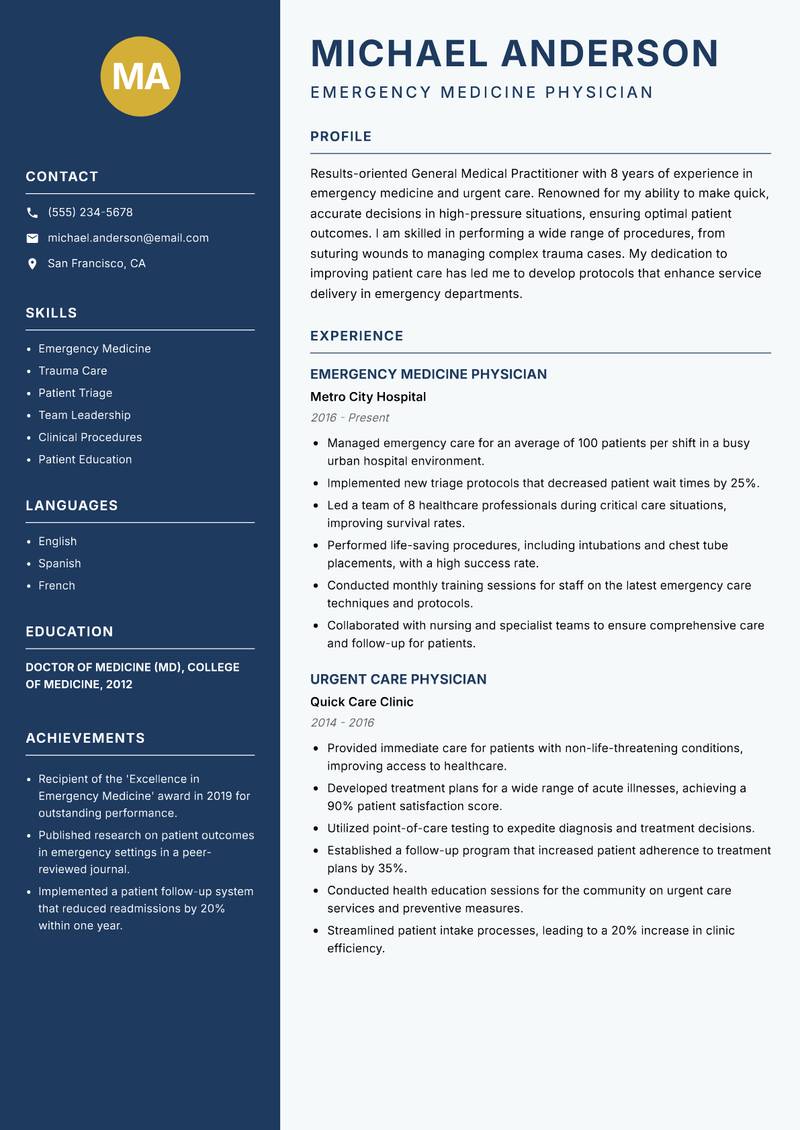 General Medical Practitioner resume template — Classic Clean