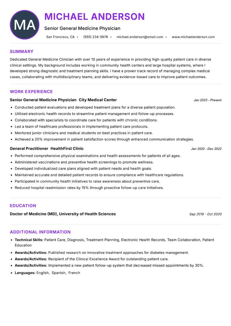General Medicine Clinician resume example — ATS-friendly template