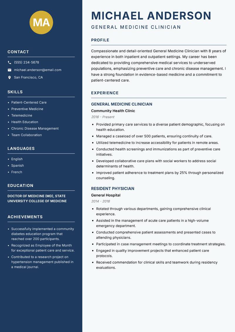 General Medicine Clinician resume template — Classic Clean