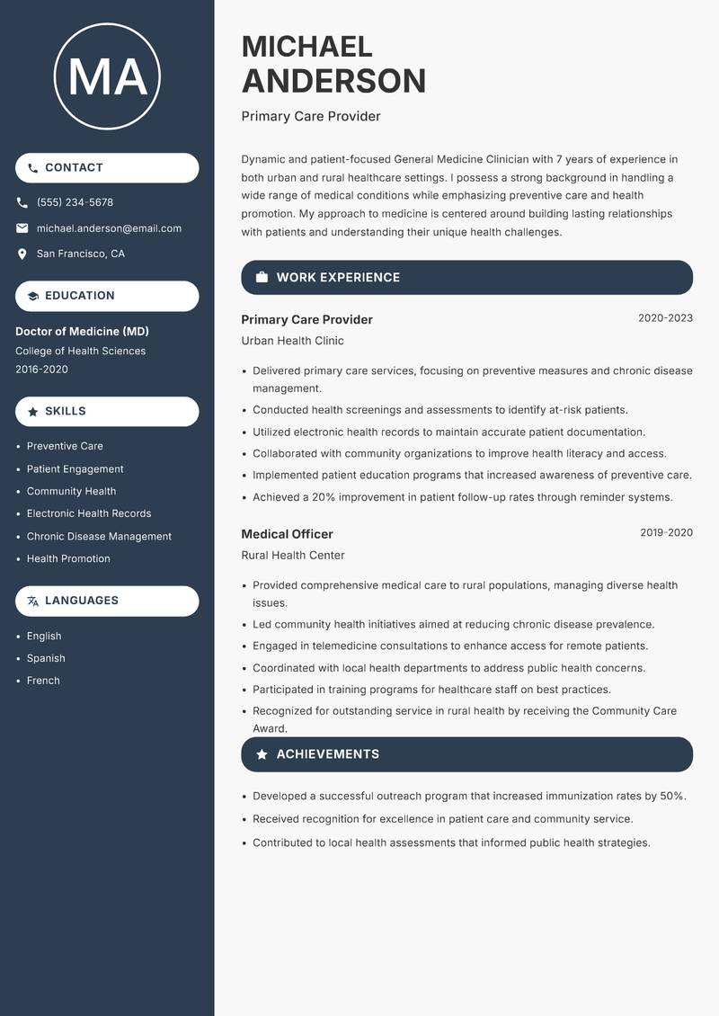 General Medicine Clinician resume template — Compact