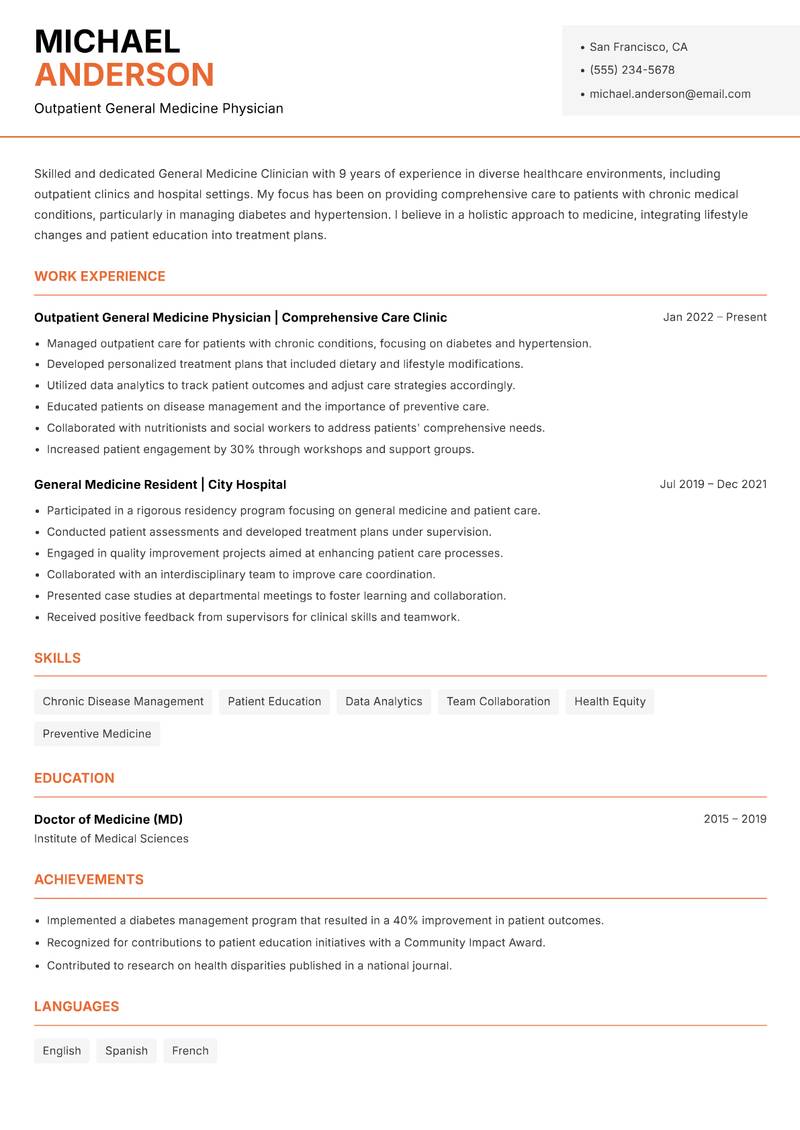 General Medicine Clinician resume template — Modern Professional
