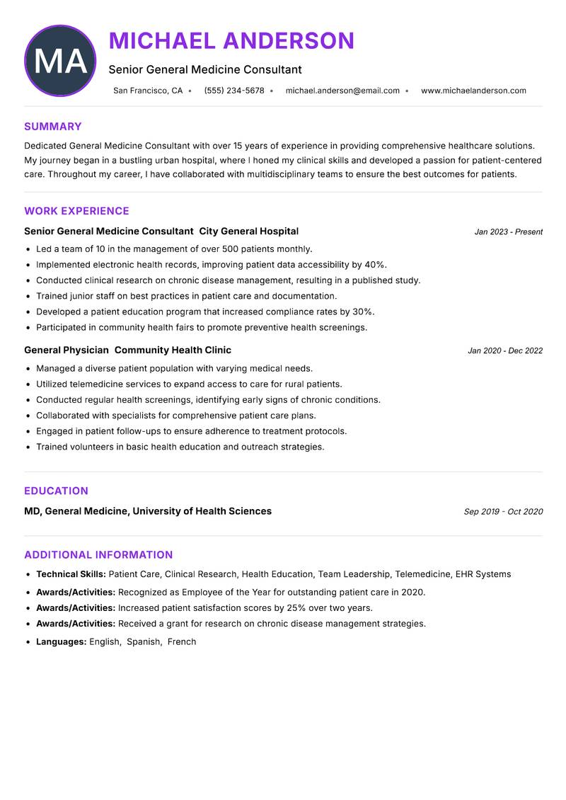 General Medicine Consultant resume example — ATS-friendly template