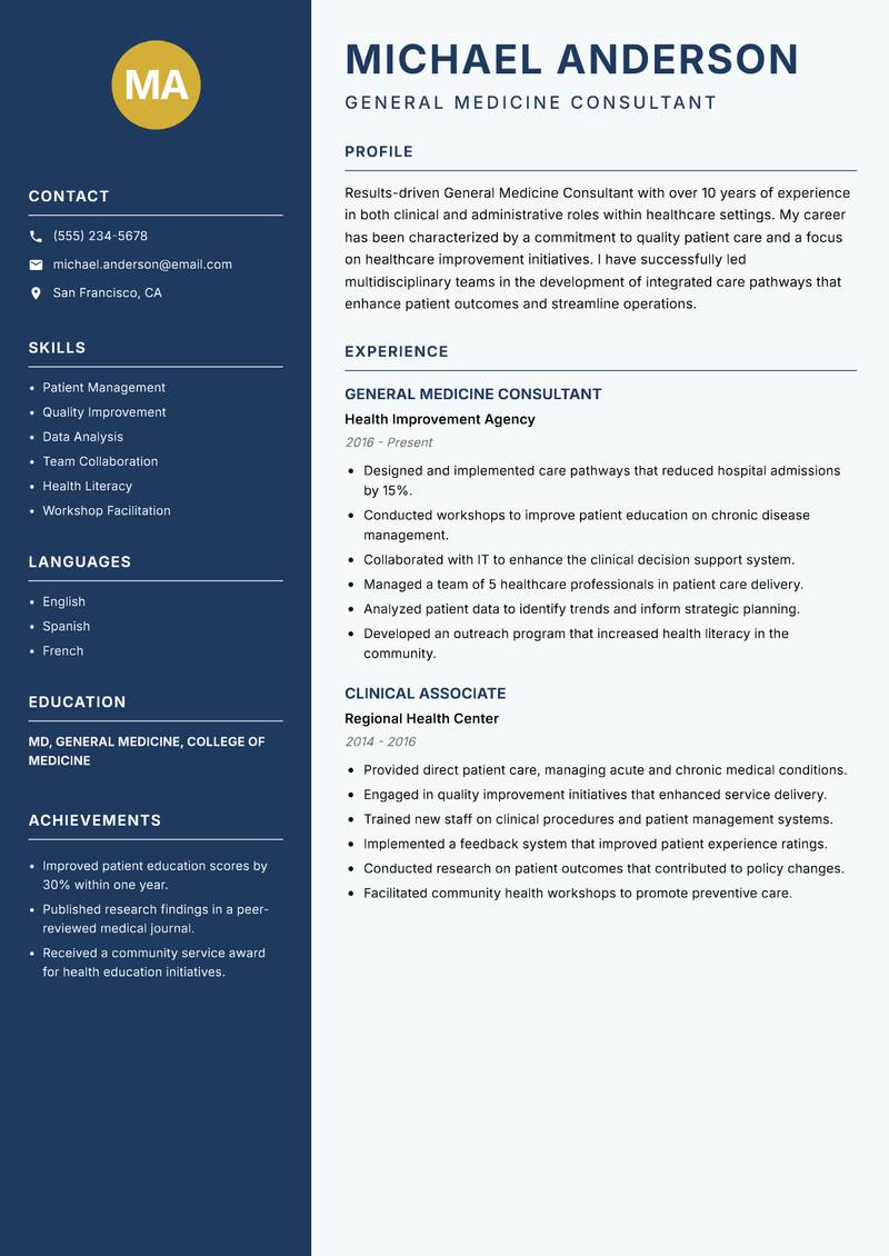 General Medicine Consultant resume template — Classic Clean