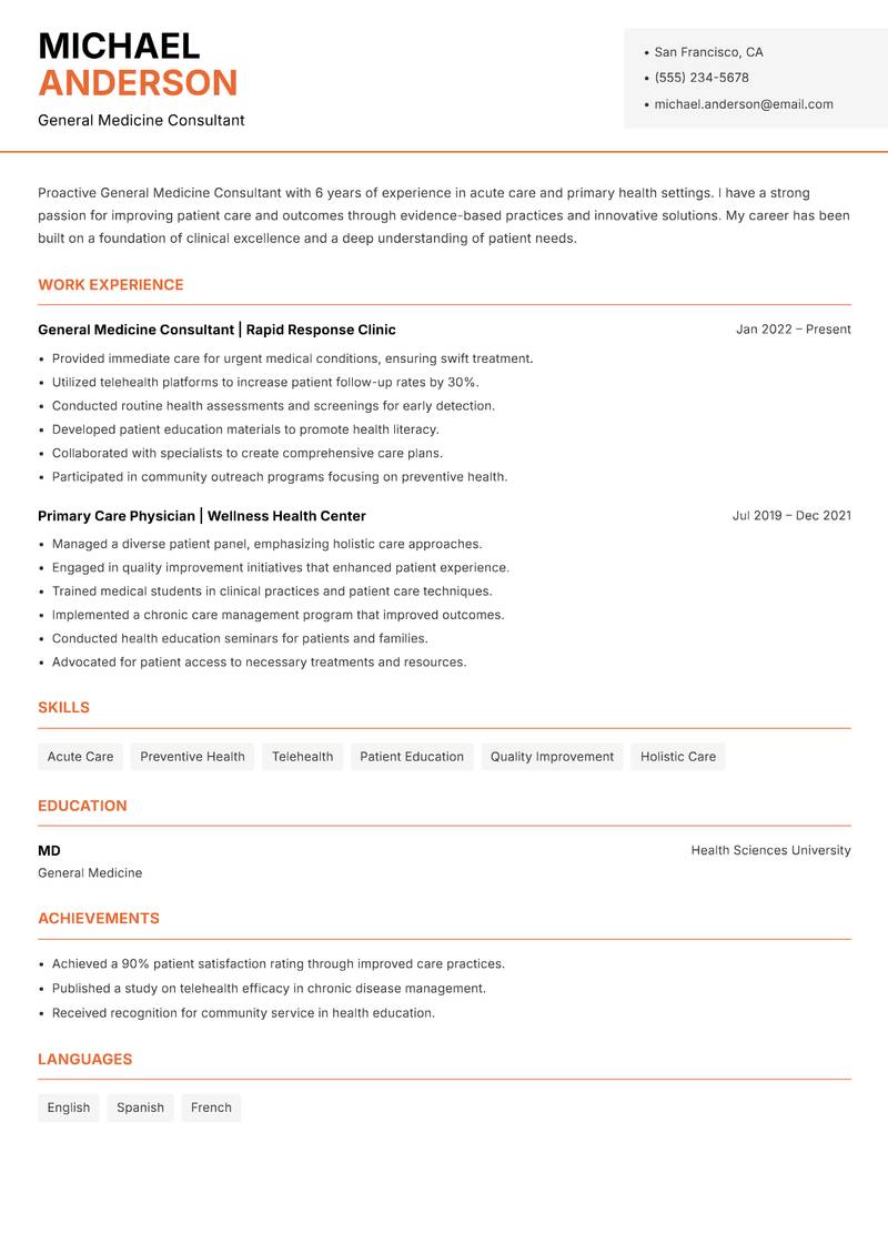 General Medicine Consultant resume template — Modern Professional