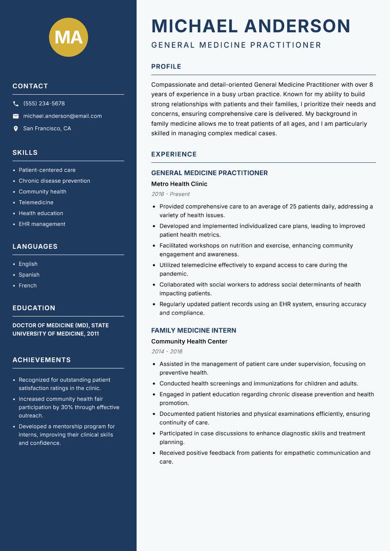 General Medicine Practitioner resume template — Classic Clean