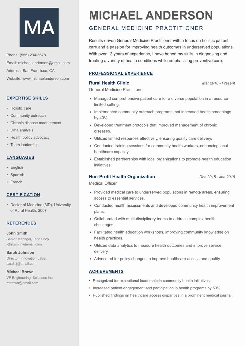 General Medicine Practitioner resume template — Creative Minimal