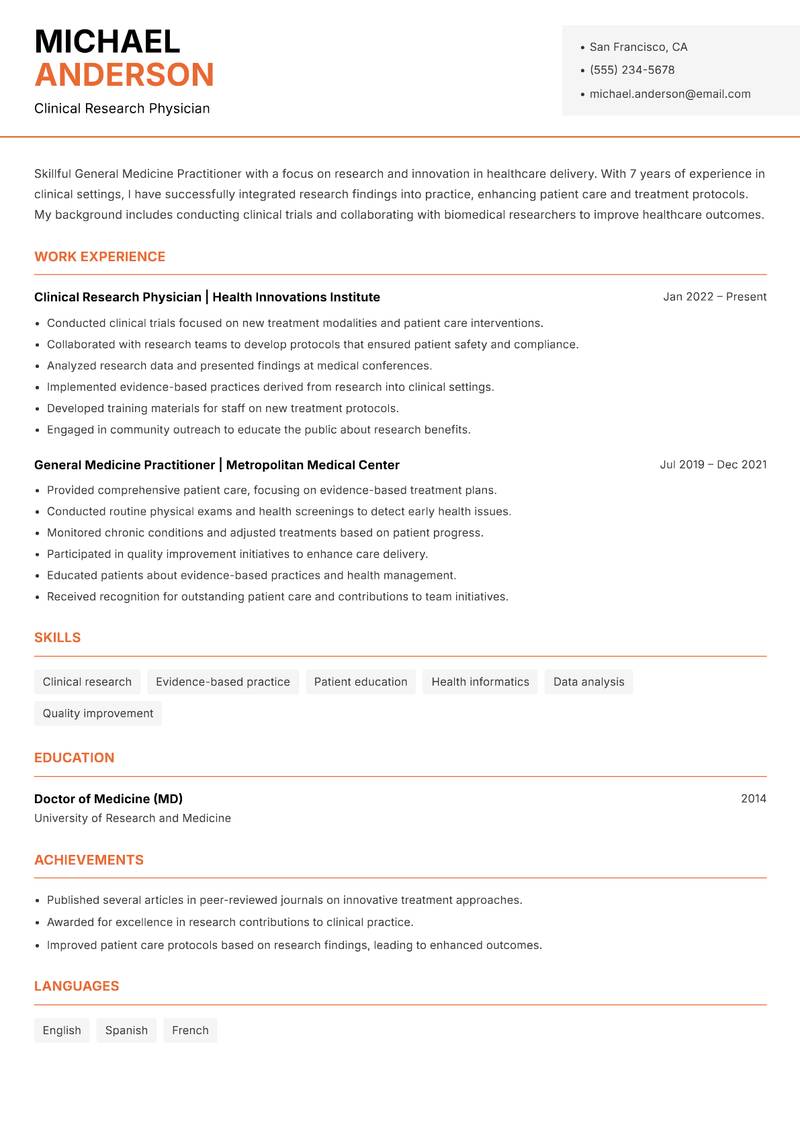 General Medicine Practitioner resume template — Modern Professional