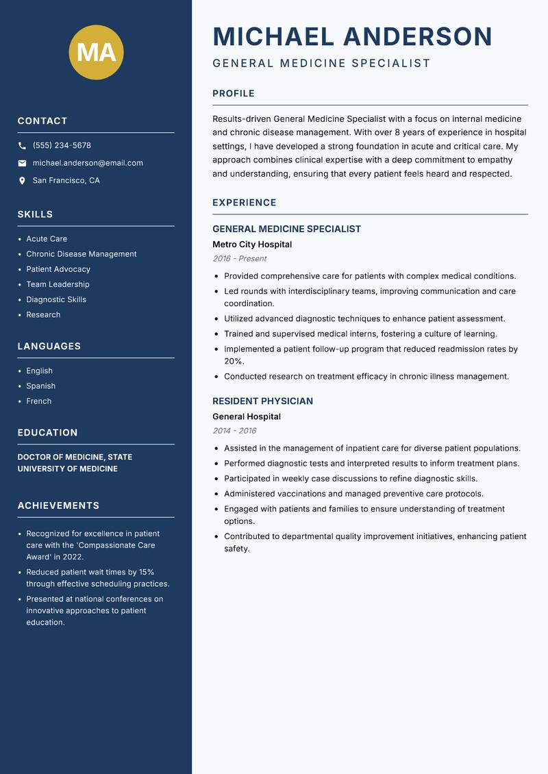 General Medicine Specialist resume template — Classic Clean