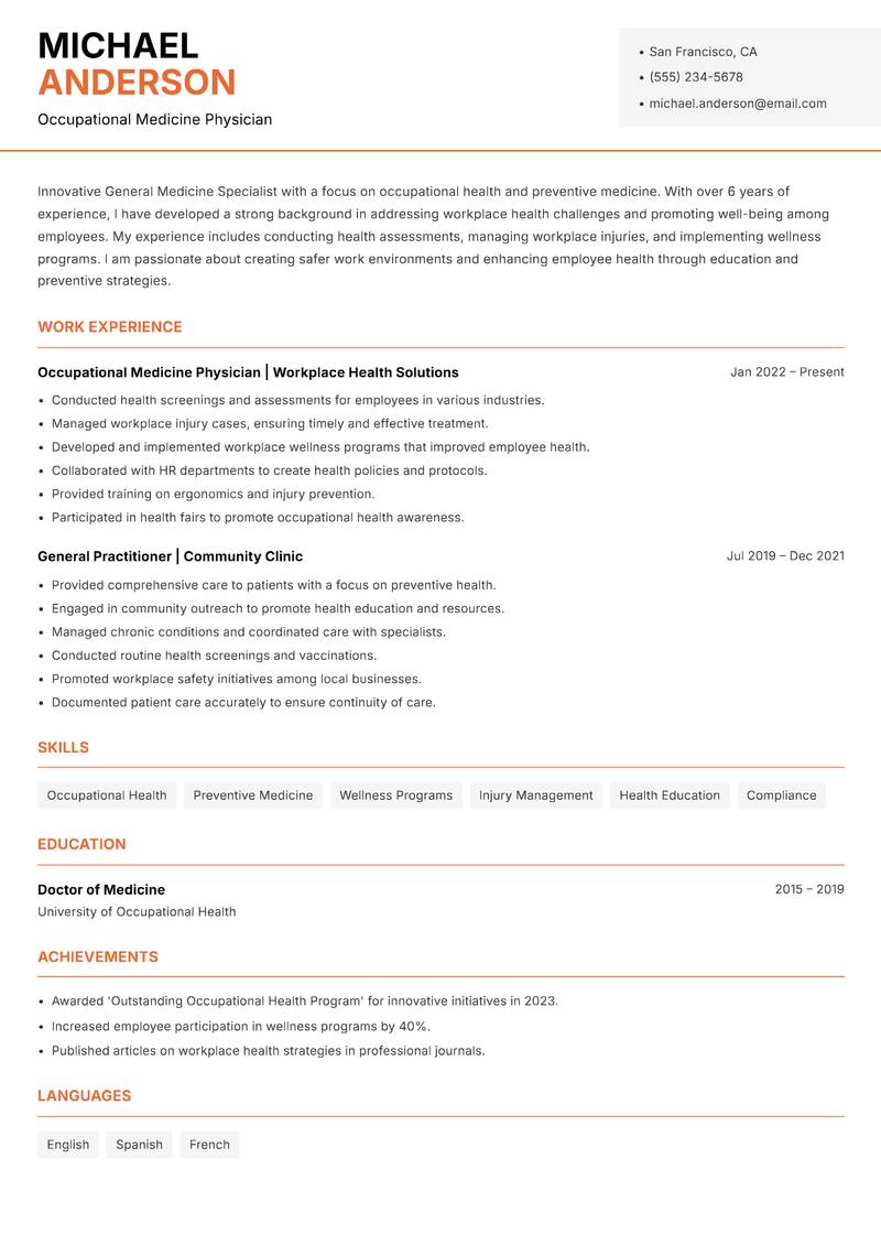 General Medicine Specialist resume template — Modern Professional