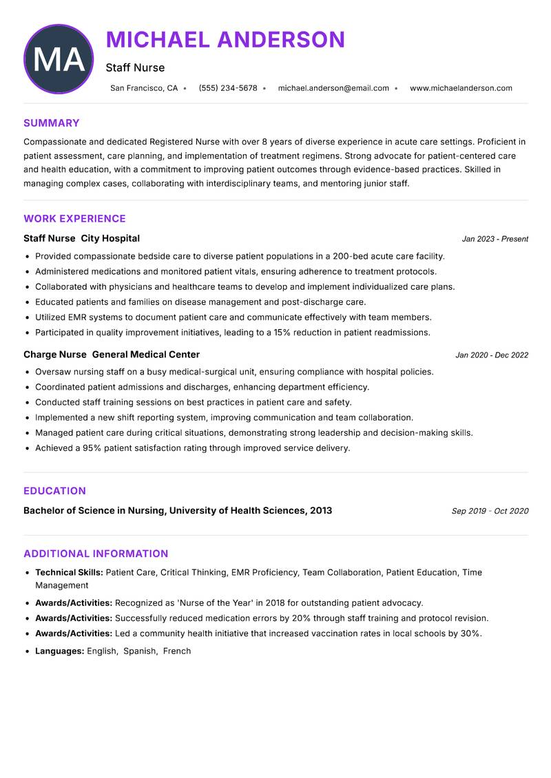 General Nurse resume example — ATS-friendly template