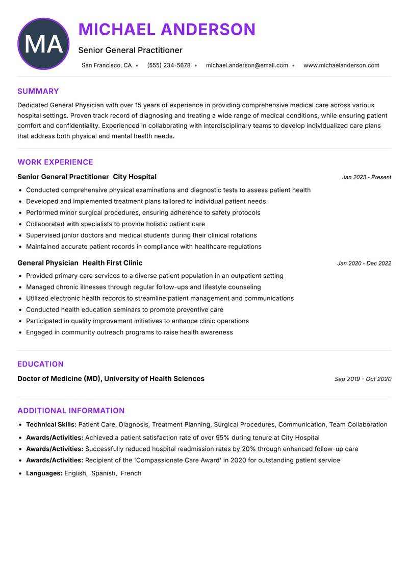 General Physician resume example — ATS-friendly template