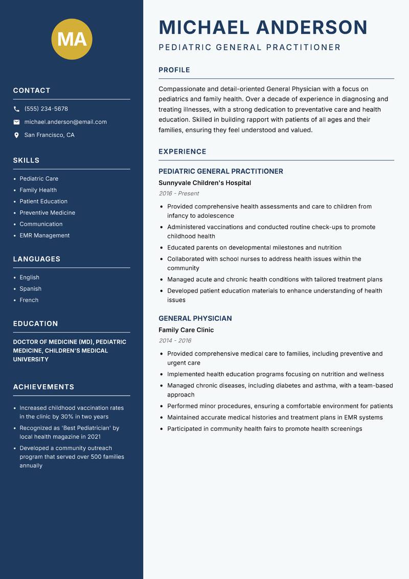 General Physician resume template — Classic Clean