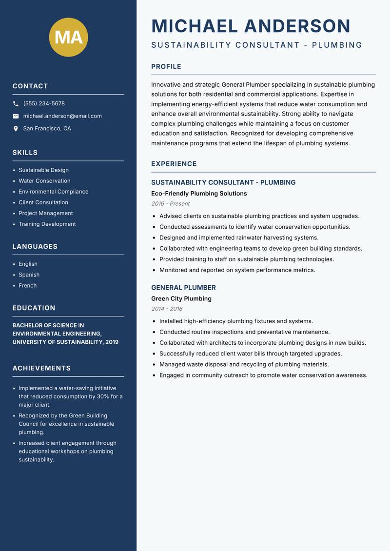 General Plumber resume template — Classic Clean
