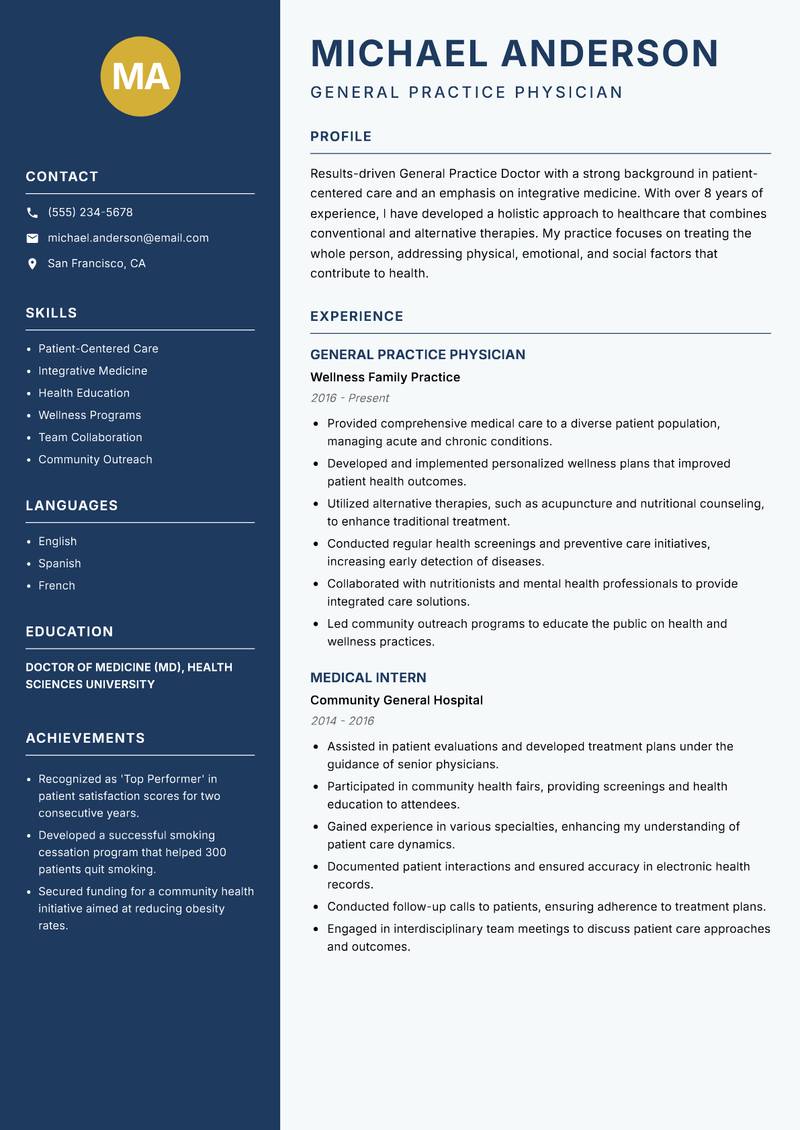 General Practice Doctor resume template — Classic Clean