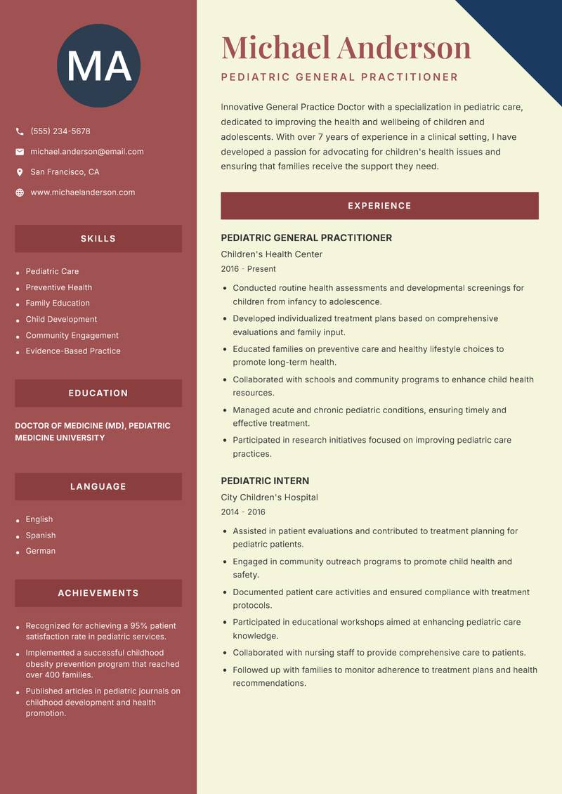 General Practice Doctor resume template — Two Column