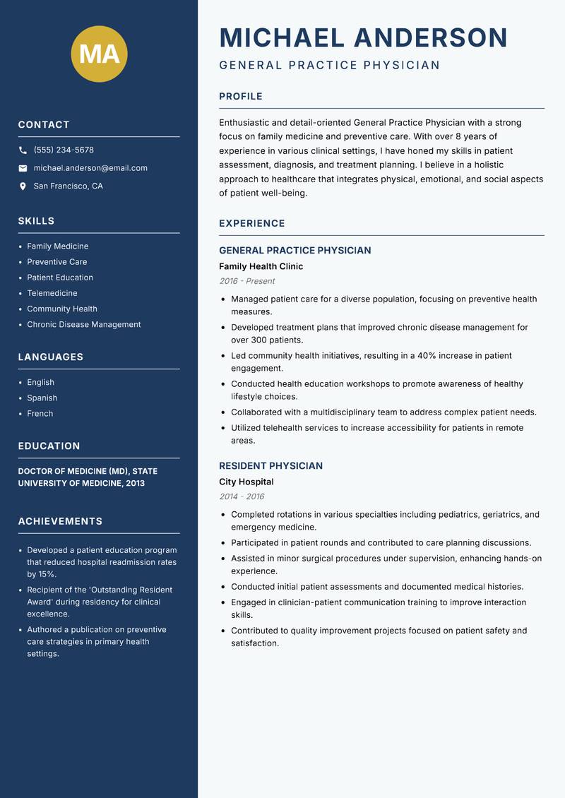 General Practice Physician resume template — Classic Clean