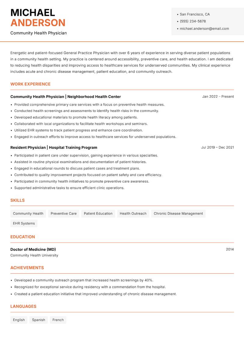 General Practice Physician resume template — Modern Professional