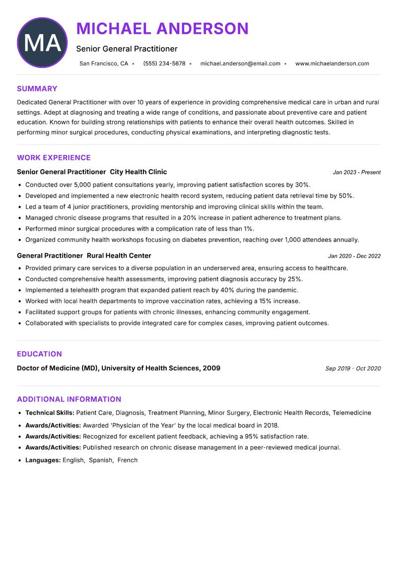 General Practitioner resume example — ATS-friendly template