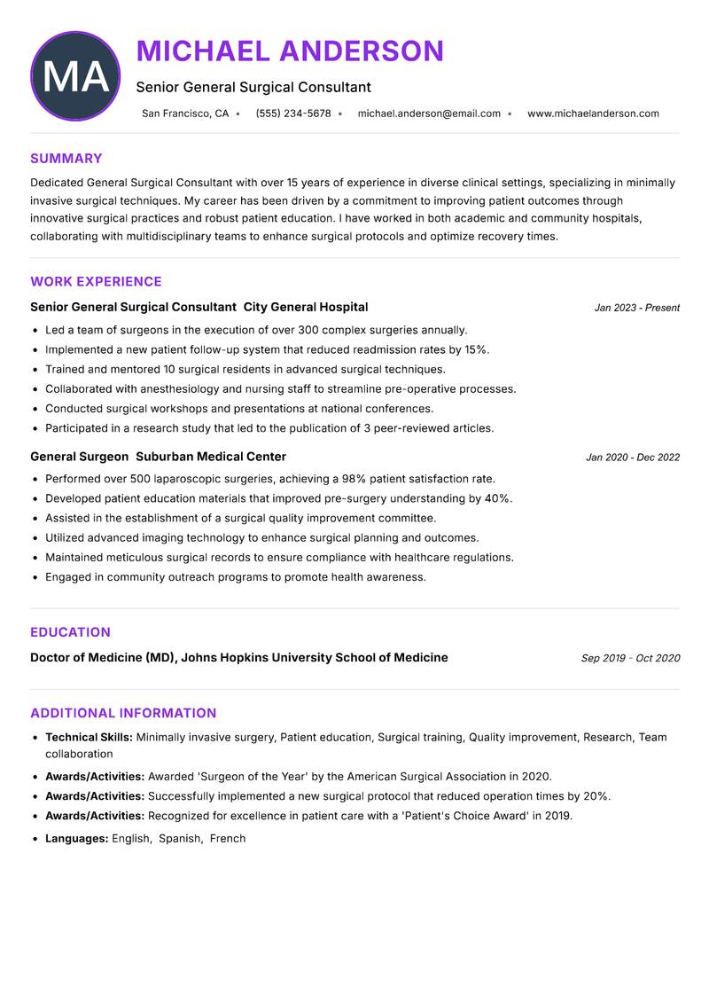 General Surgical Consultant resume example — ATS-friendly template