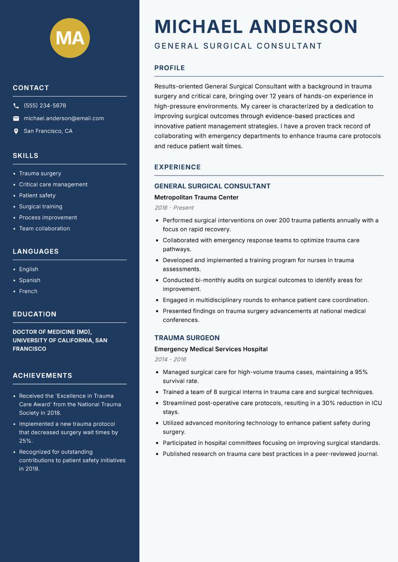 General Surgical Consultant resume template — Classic Clean