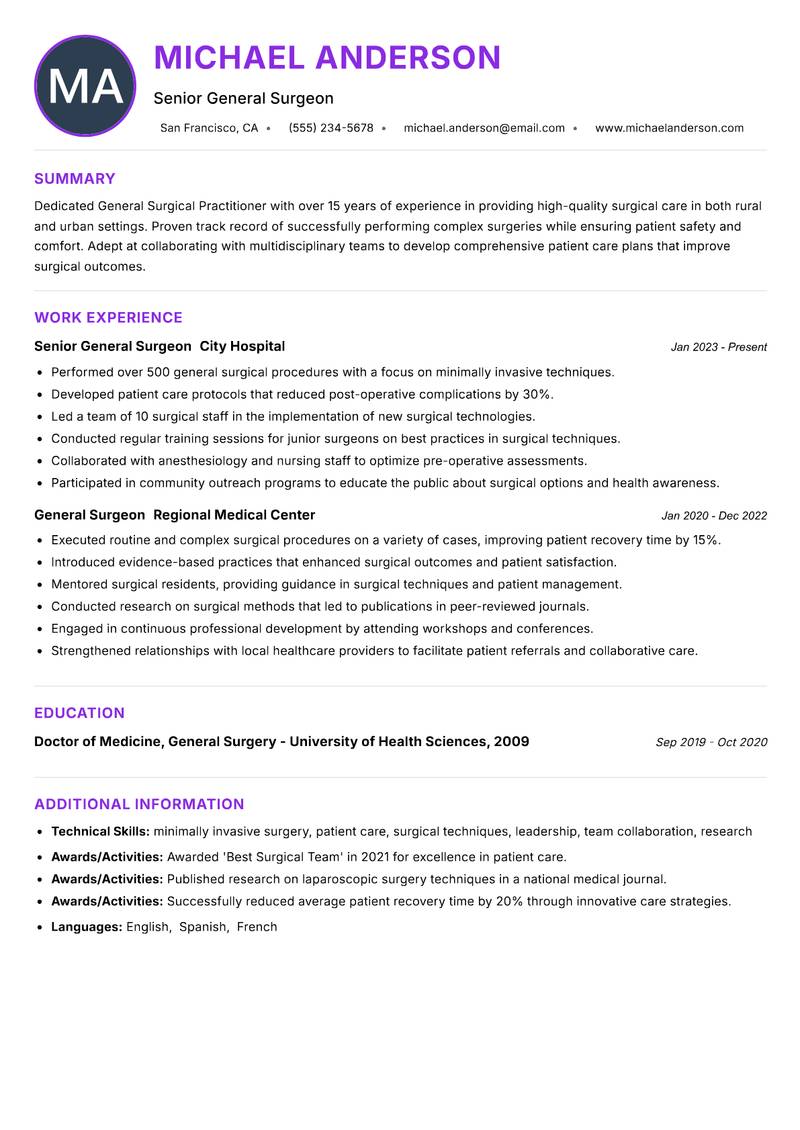 General Surgical Practitioner resume example — ATS-friendly template