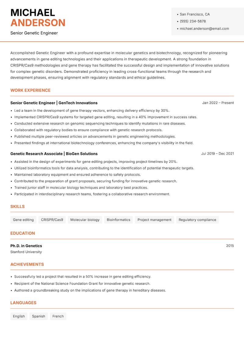 Genetic Engineer resume template — Modern Professional