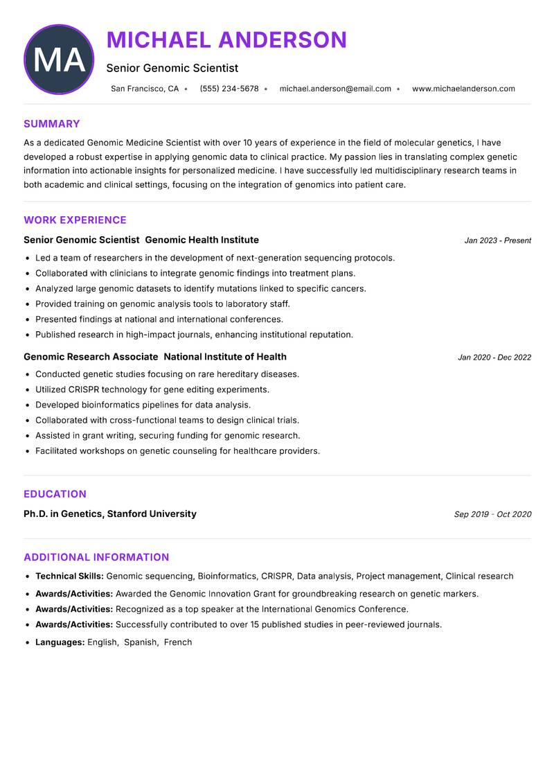 Genomic Medicine Scientist resume example — ATS-friendly template