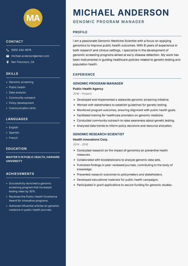 Genomic Medicine Scientist resume template — Classic Clean