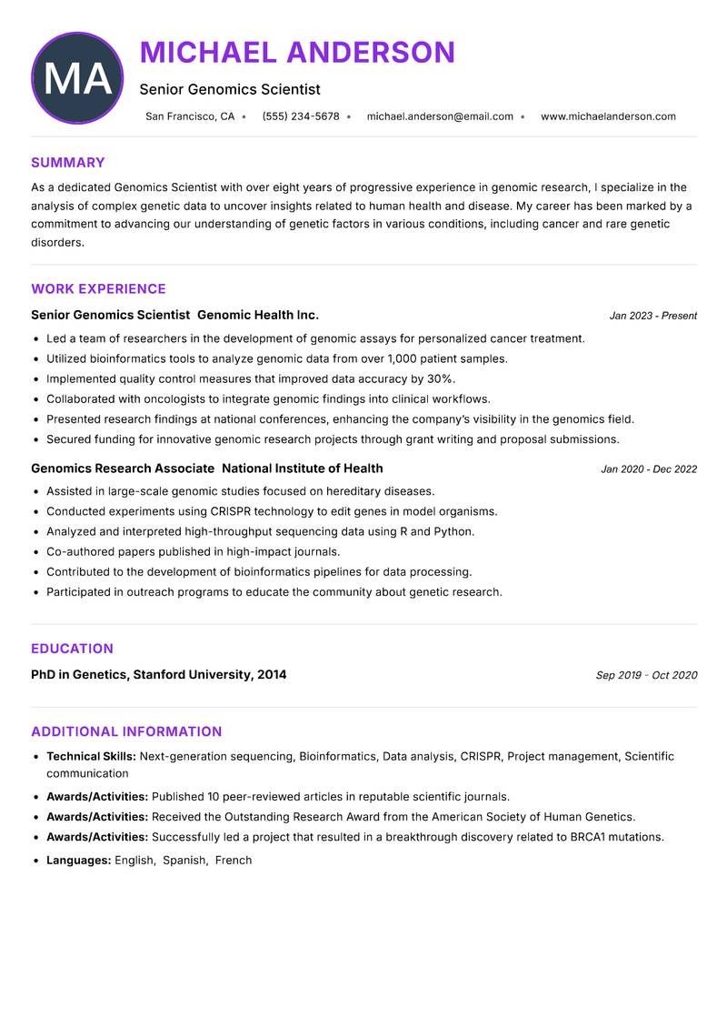 Genomics Scientist resume example — ATS-friendly template