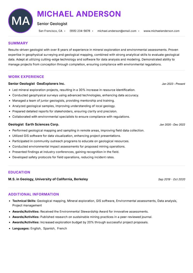 Geologist resume example — ATS-friendly template