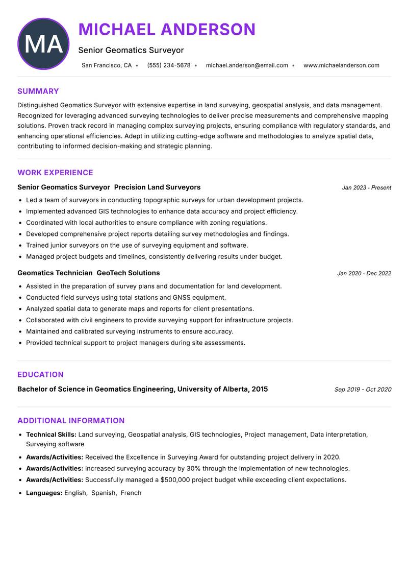 Geomatics Surveyor resume example — ATS-friendly template