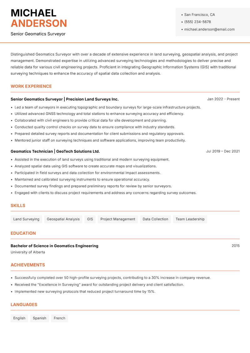 Geomatics Surveyor resume template — Modern Professional