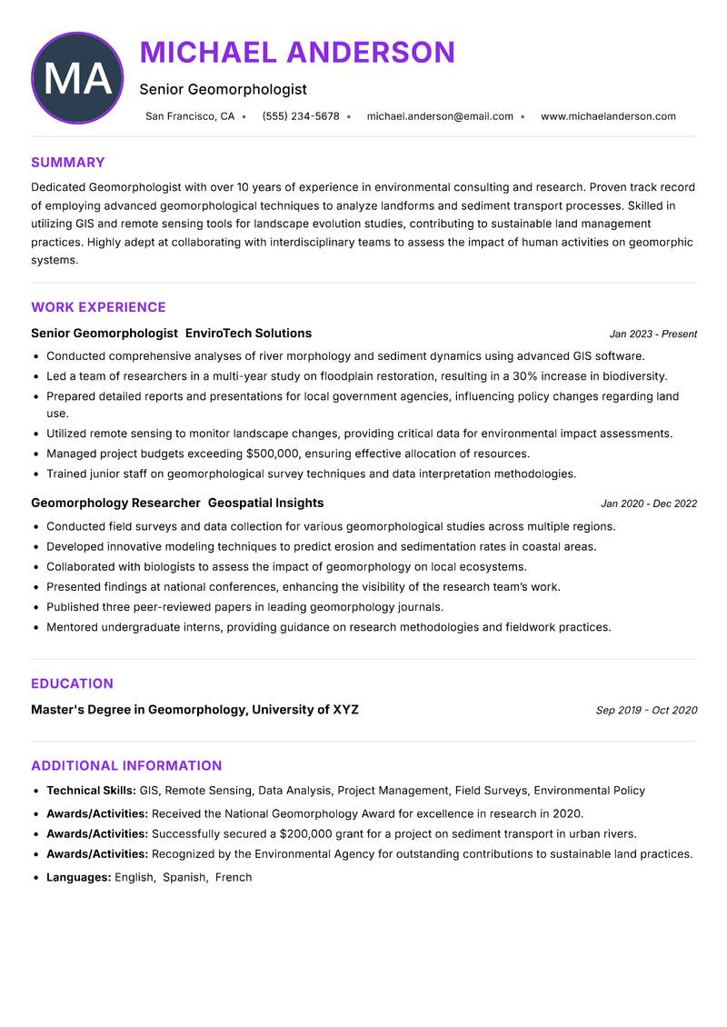 Geomorphologist resume example — ATS-friendly template