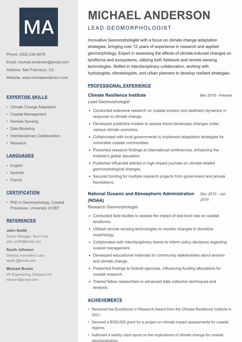 Geomorphologist resume template — Creative Minimal