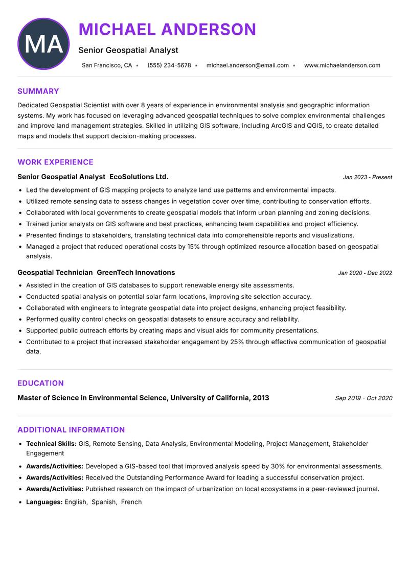 Geospatial Scientist resume example — ATS-friendly template