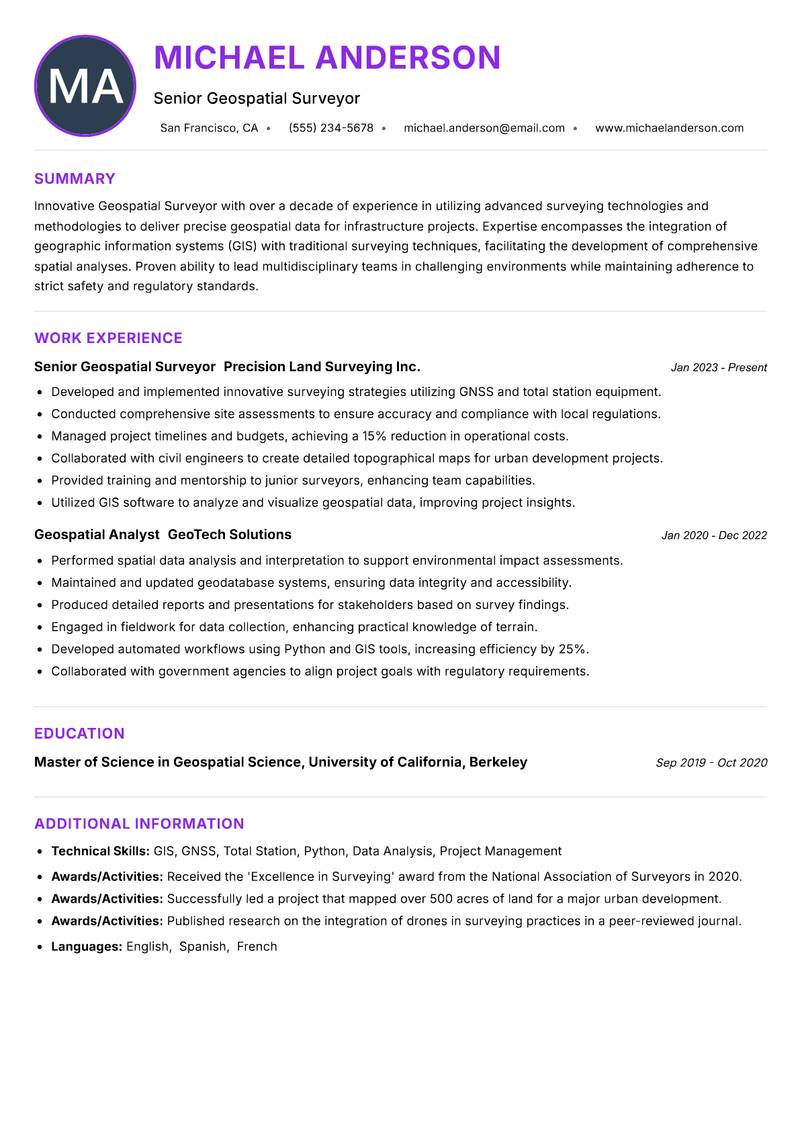 Geospatial Surveyor resume example — ATS-friendly template