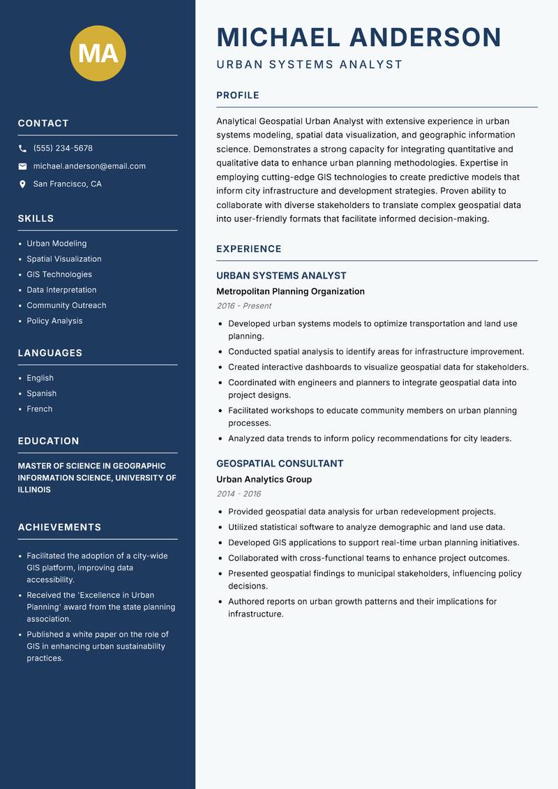 Geospatial Urban Analyst resume template — Classic Clean