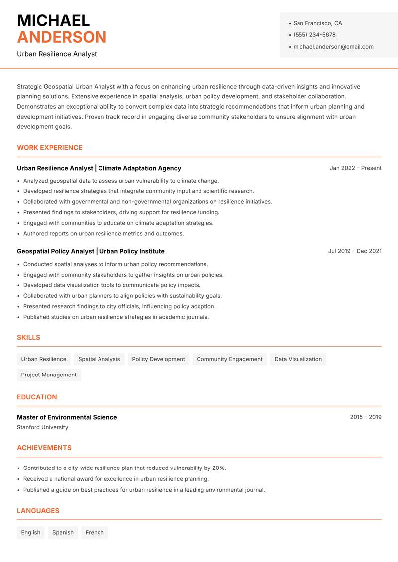 Geospatial Urban Analyst resume template — Modern Professional