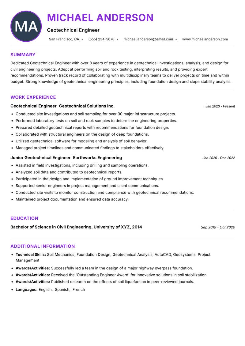 Geotechnical Engineer resume example — ATS-friendly template