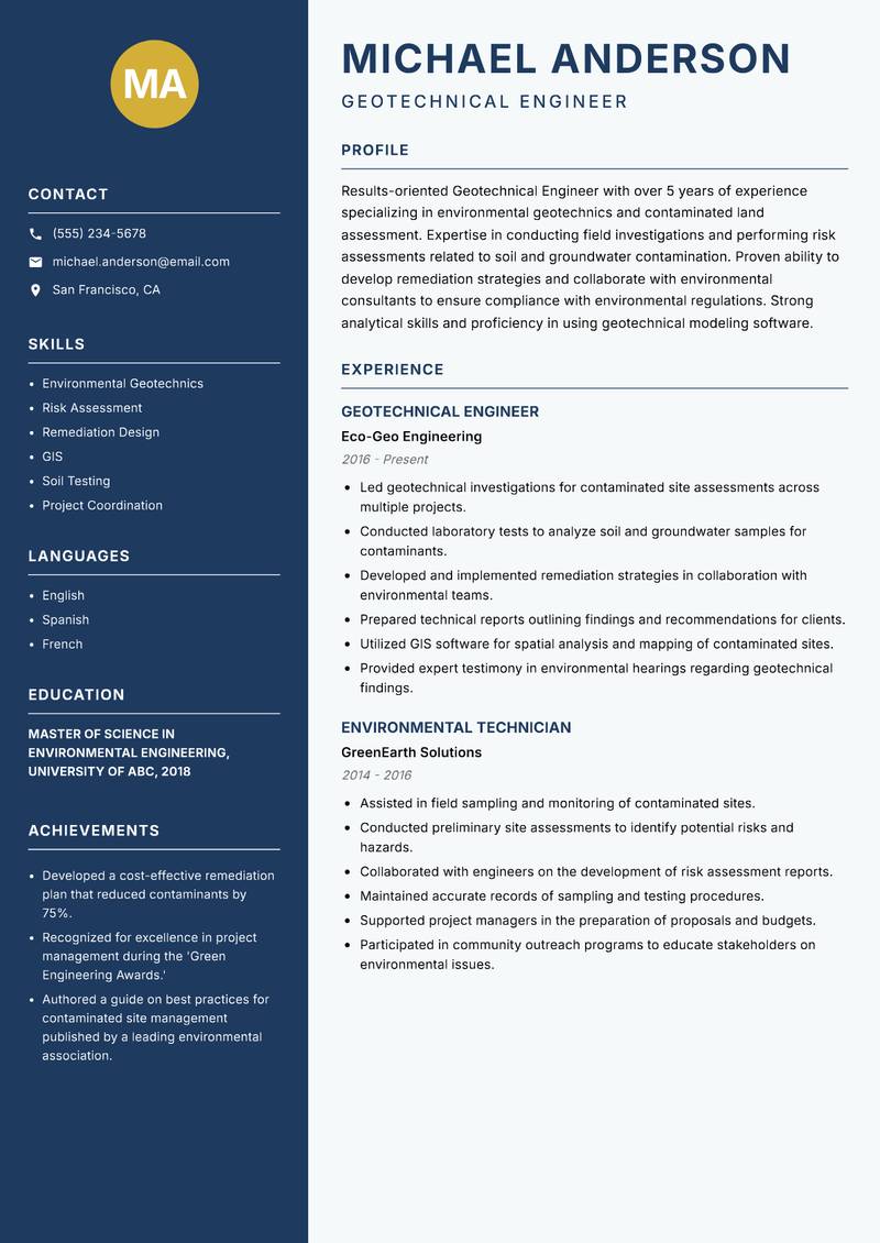 Geotechnical Engineer resume template — Classic Clean