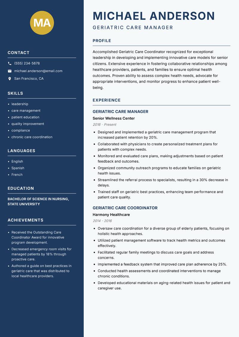 Geriatric Care Coordinator resume template — Classic Clean