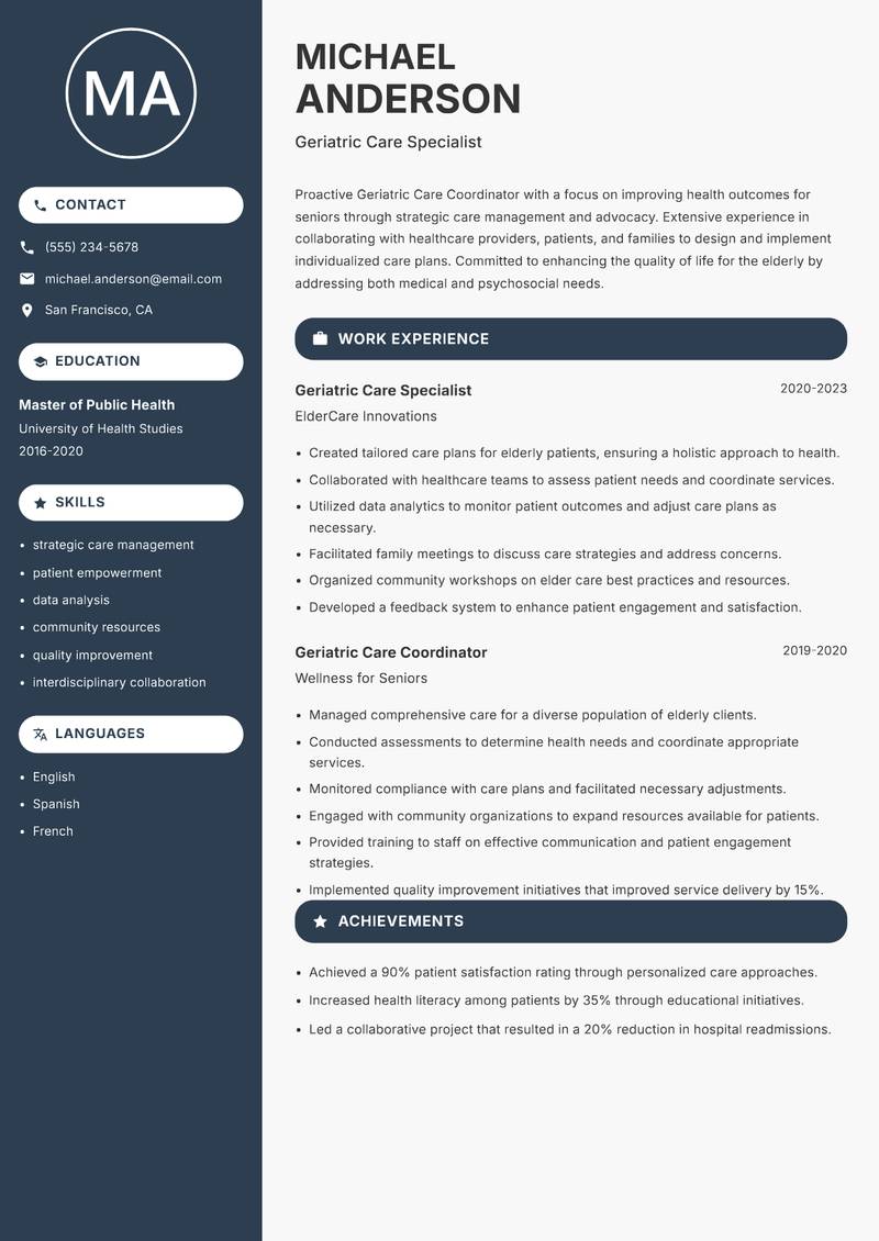 Geriatric Care Coordinator resume template — Compact