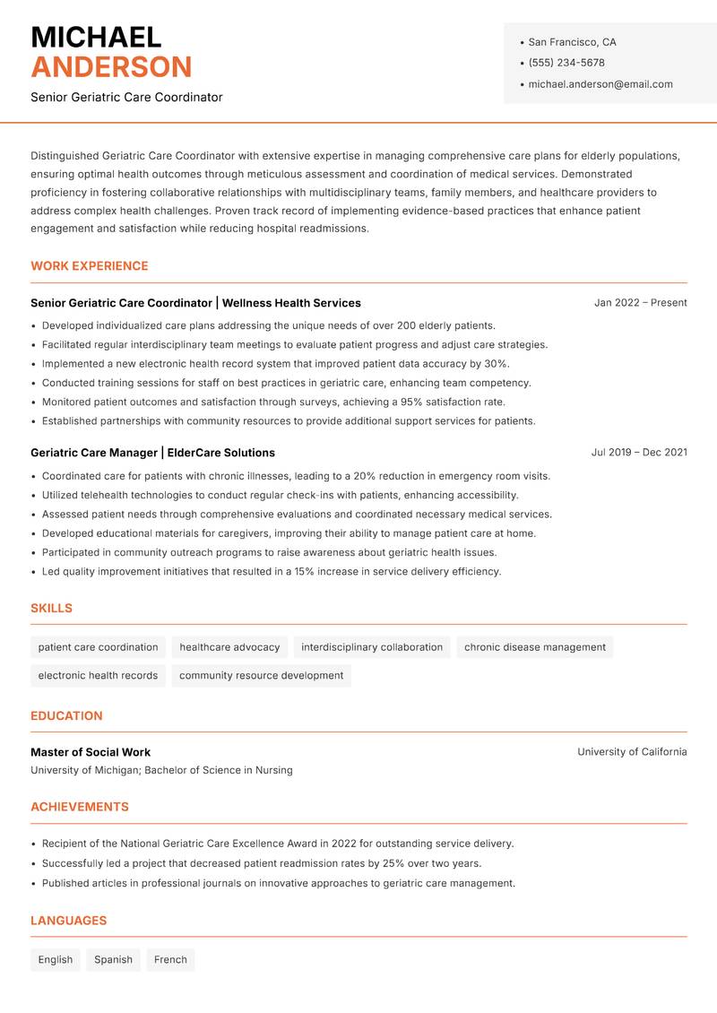 Geriatric Care Coordinator resume template — Modern Professional